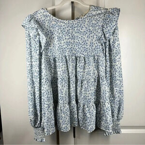 La Ven Cottage Core Blue‎ Ditsy Floral Blouse Gorgeous Tie Back Detail Medium